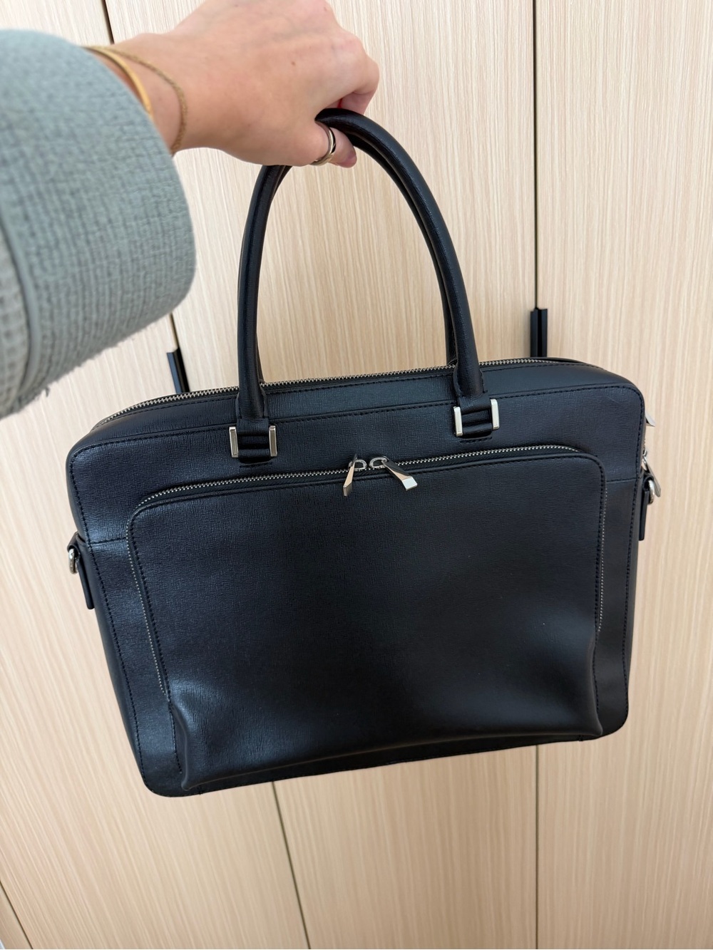 Barneys New York Black Leather Laptop Tote with Silver Hardware
